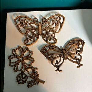 Homeco Vintage 1970’s Artistic Brown Butterfly and Flower Wall Art Set Art Deco